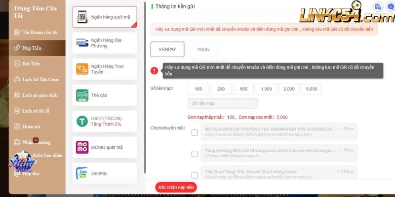 Nạp tiền c54 tiện lợi với 8 phương thức giao dịch